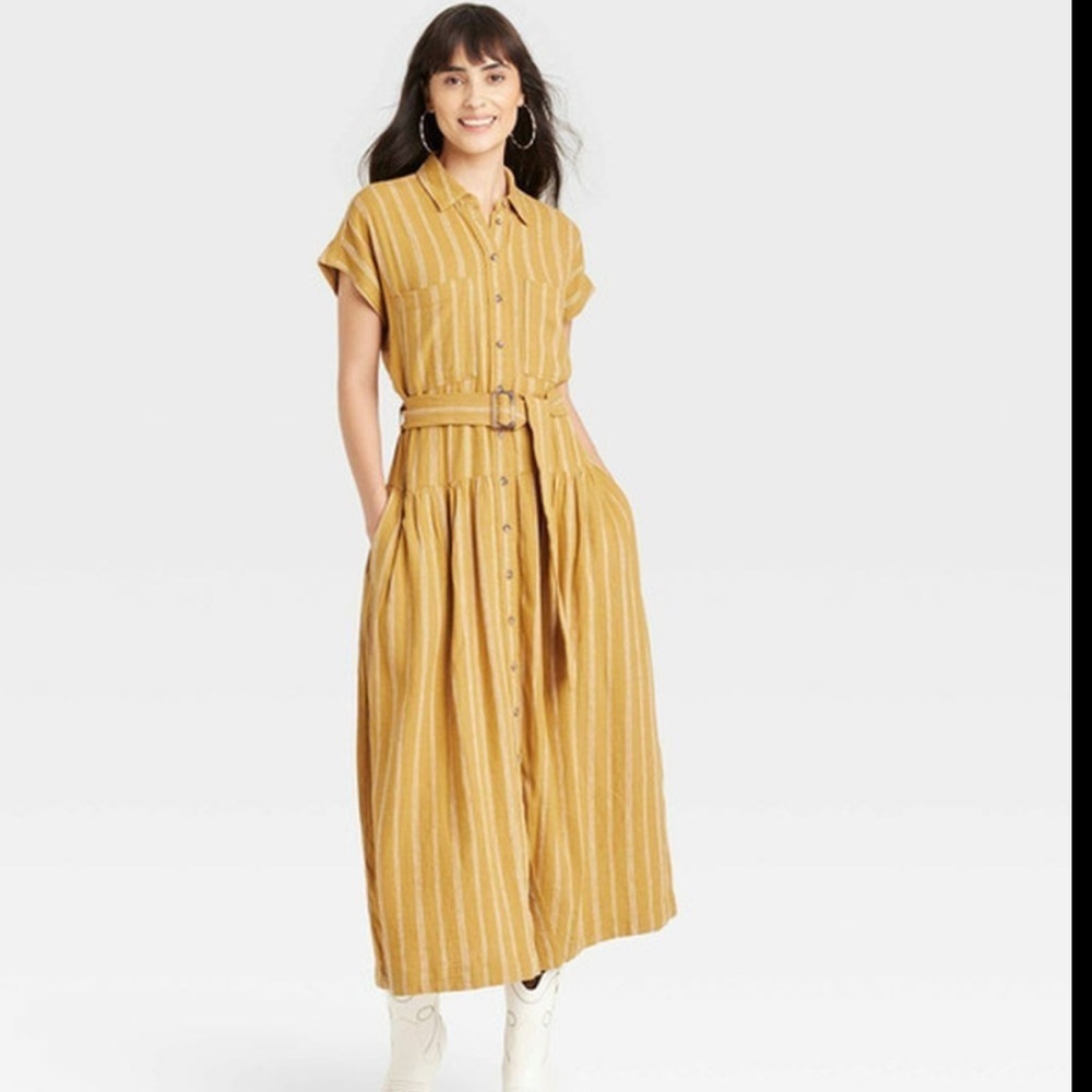 Universal Thread Mustard Striped Shirt Dress Maxi Linen Blend Sz S Missing Belt